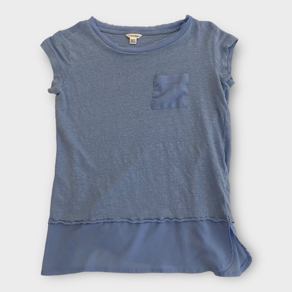Calvin Klein Women’s Top Shirt XS 100% Linen Mixed Media Frayed Trim Sky Blue